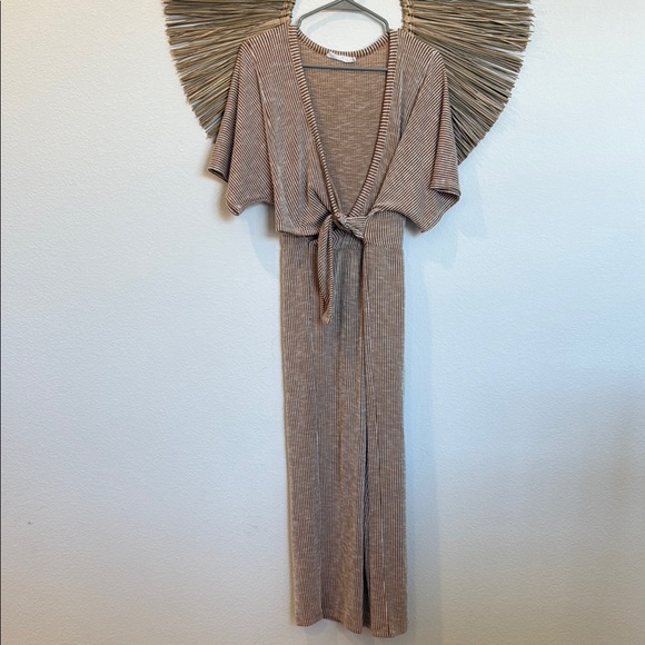 All in Favor Pants - All in Favor Tan and White Jumpsuit with Elegant Stripes